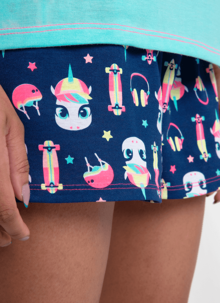 Pijama-Manga-Curta-Feminino-Algodao-Unicornio-Skate