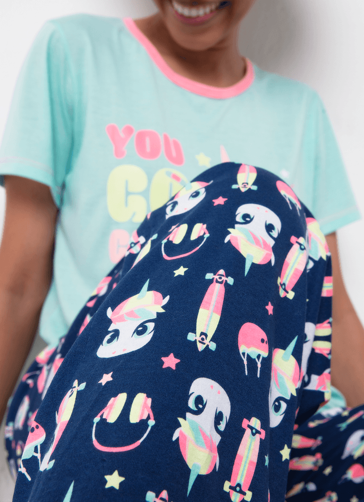 Pijama-Longo-Manga-Curta-Feminino-Algodao-Unicornio-Skate