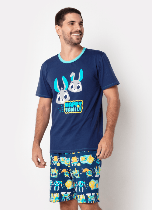 Pijama Manga Curta Masculino Algodão Família Coelho