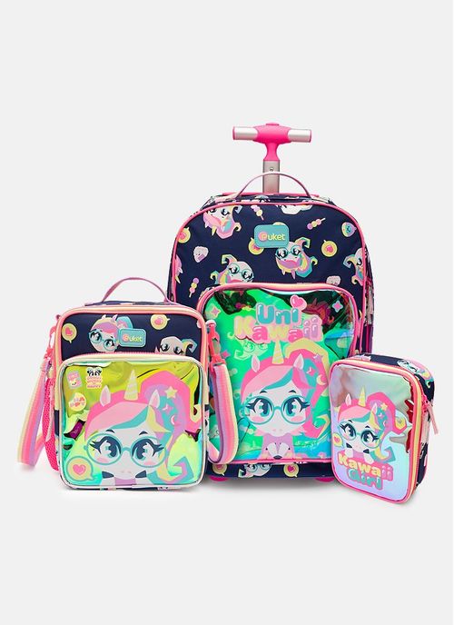 Kit Escolar Mochila com Rodinha, Lancheira e Estojo Unicórnio Kawaii