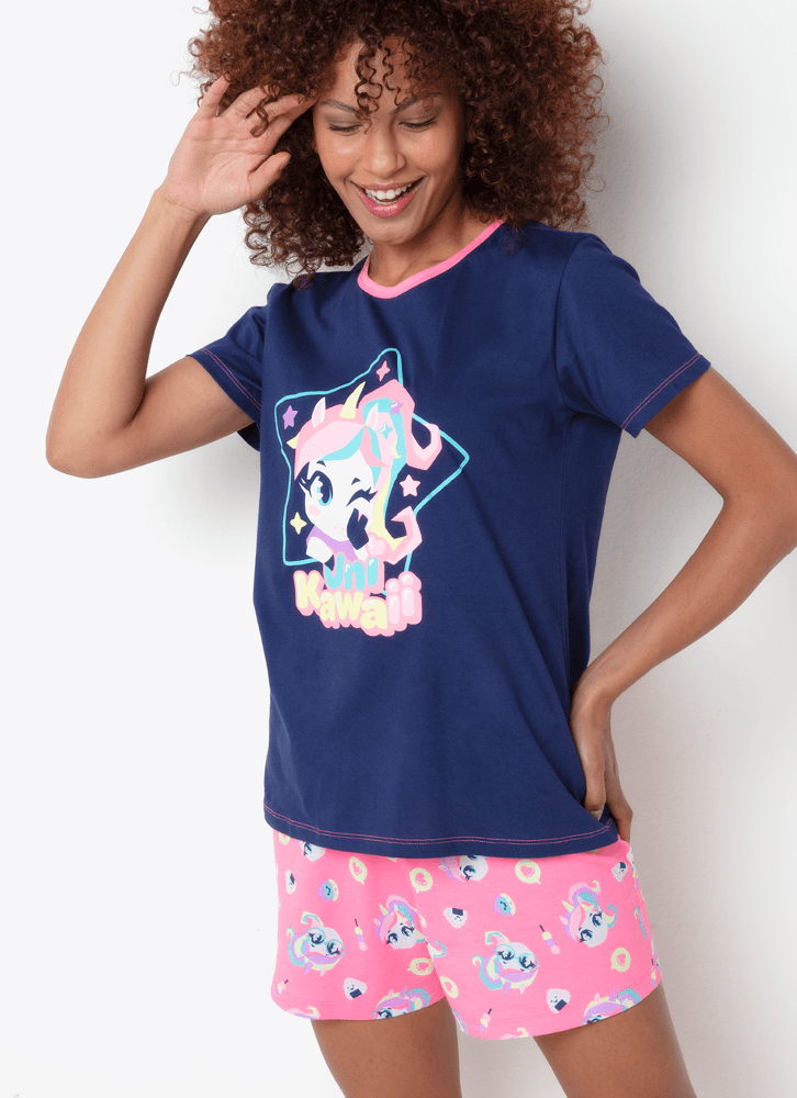 Pijama-Manga-Curta-Algodao-Feminino-Unicornio-Kawaii