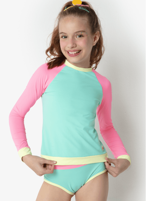 Camiseta Manga Longa com Proteção Solar Menina Color Block