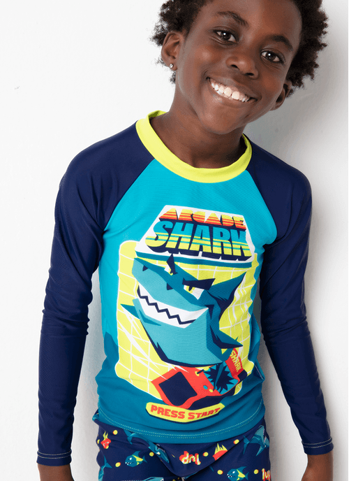 Camiseta Praia Com Proteção Solar Menino Tubarão Gamer