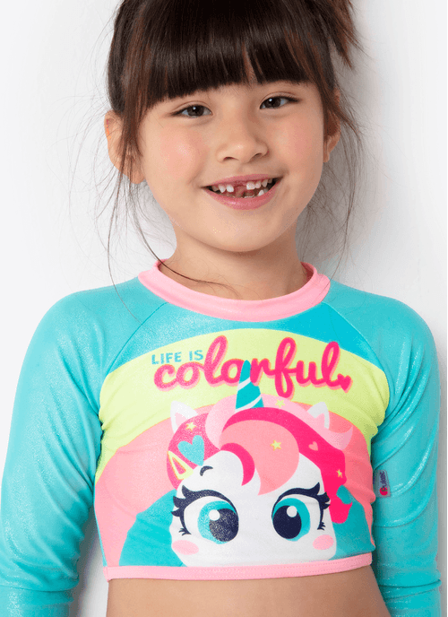 Conjunto Camiseta e Calcinha com Proteção Solar Menina Unicórnio Colorful Camuflado