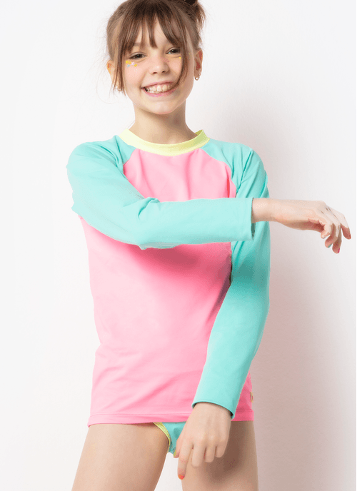 Camiseta Manga Longa com Proteção Solar Menina Color Block