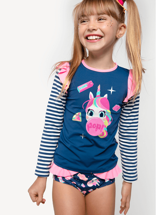 Camiseta Menina Com Proteção Solar Unicórnio