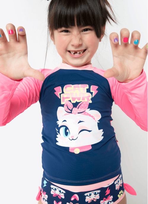 Conjunto Camiseta e Calcinha com Proteção Solar Menina Gata Power