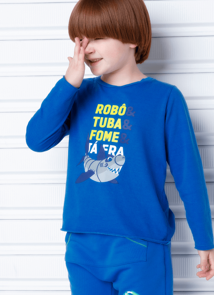 Camiseta-Infantil-Manga-Longa-Algodao-Tubarao-Robo