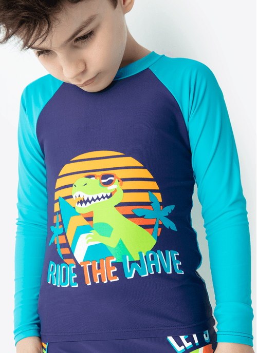 Camiseta Praia com Proteção Solar Menino Dino Surf