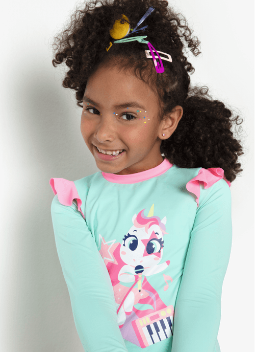 Camiseta Manga Longa com Proteção Solar Menina Unicórnio PopStar