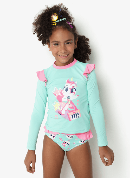 Camiseta Manga Longa com Proteção Solar Menina Unicórnio PopStar