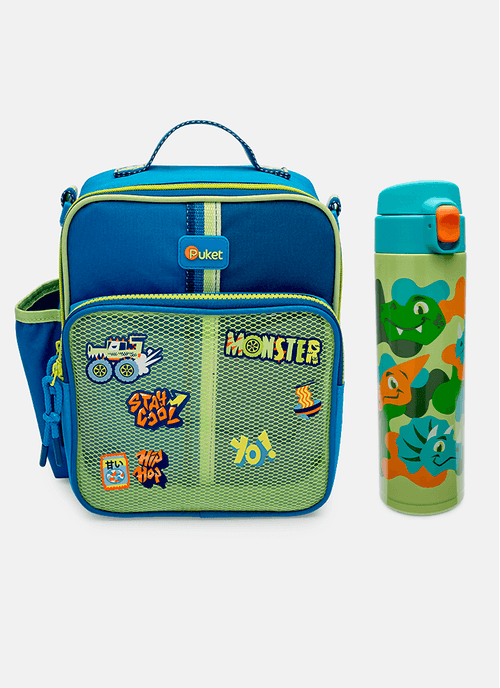 Kit Lancheira Térmica Color Block Azul e Garrafinha