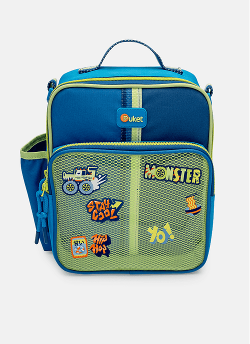 Kit Lancheira Térmica Color Block Azul e Garrafinha