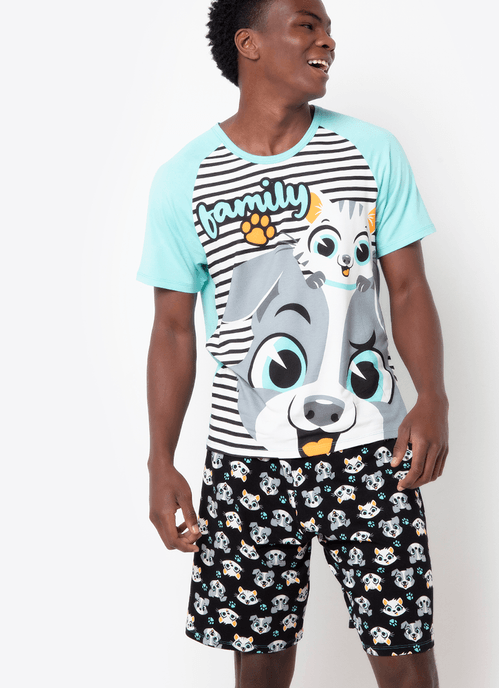 Pijama Manga Curta Masculino Viscolycra Família Pets