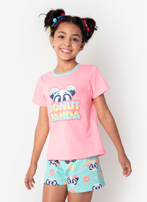 Pijama Manga Curta Algodão Menina Panda Donut