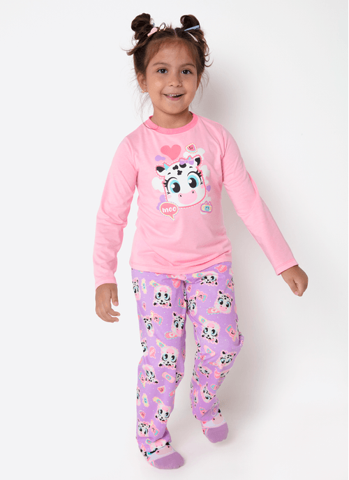 Pijama Manga Longa Algodão Menina Vaca Patches