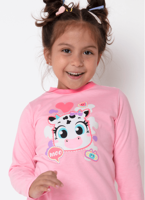 Pijama Manga Longa Algodão Menina Vaca Patches