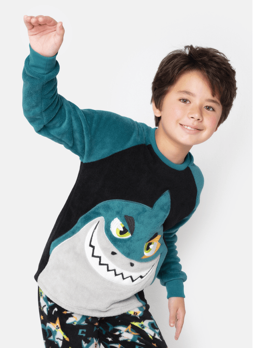 Pijama Manga Longa Menino Teen Soft Tubarão Rockstar