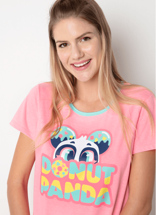Pijama Manga Curta Algodão Feminina Panda Donuts