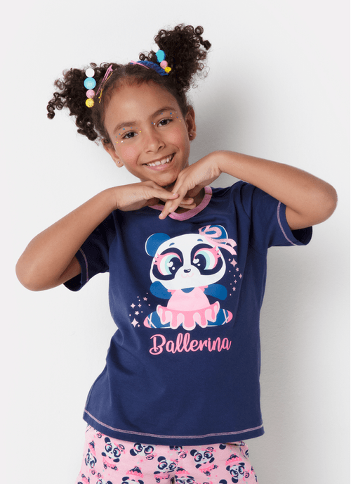 Pijama Manga Curta Menina Algodão Panda Bailarina