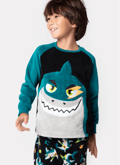 Pijama Manga Longa Menino Soft Tubarão Rockstar