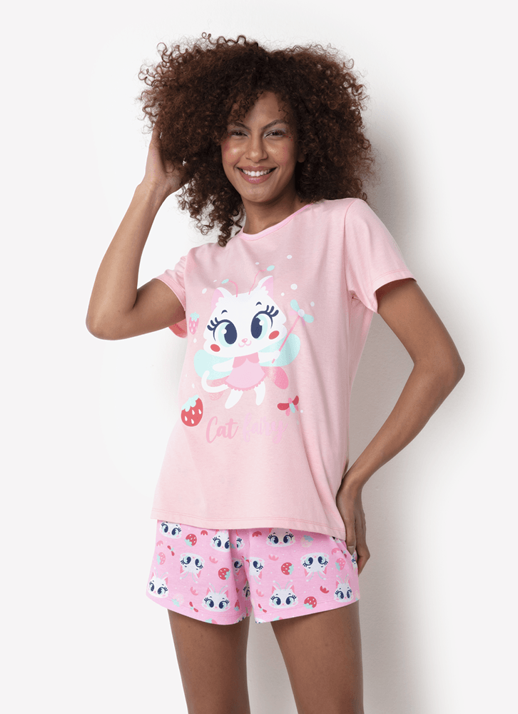 Pijama-Manga-Curta--Feminino-Gata-Fada