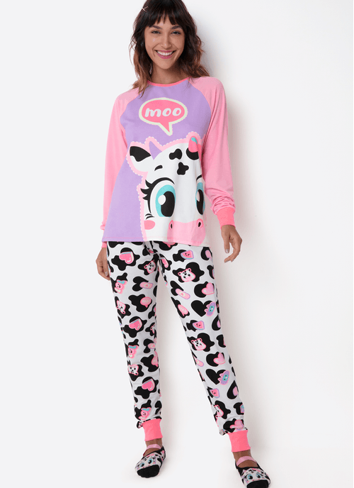 Pijama Manga Longa Viscolycra Feminino Vaca Patches