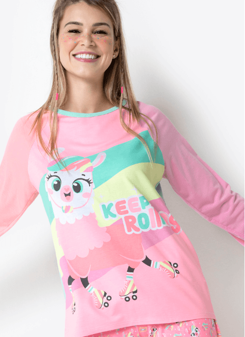 Pijama Manga Longa Viscolycra Feminino Lhama Retrô