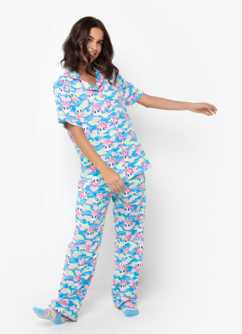 Pijama Longo Manga Curta Feminino Viscose Unicórnio Colorful Camuflado
