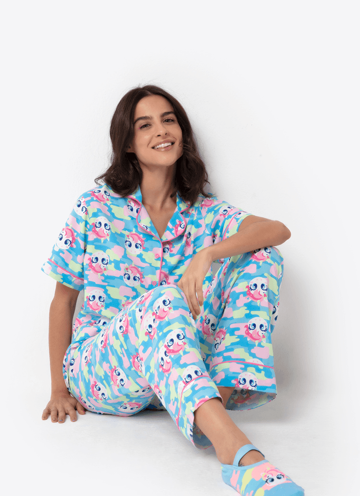 Pijama-Longo-Manga-Curta-Feminino-Viscose-Unicornio-Colorful-Camuflado