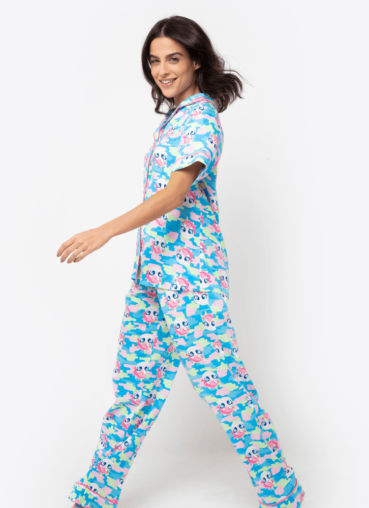Pijama-Longo-Manga-Curta-Feminino-Viscose-Unicornio-Colorful-Camuflado