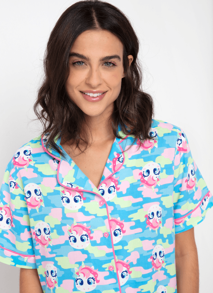 Pijama-Longo-Manga-Curta-Feminino-Viscose-Unicornio-Colorful-Camuflado
