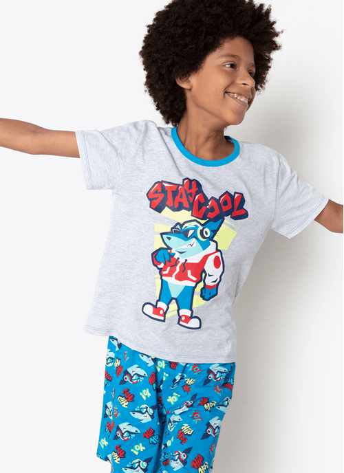 Pijama Manga Curta Algodão Menino Teen Tubarão Hip Hop