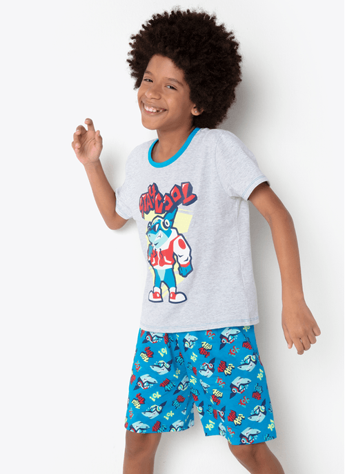 Pijama Manga Curta Algodão Menino Teen Tubarão Hip Hop