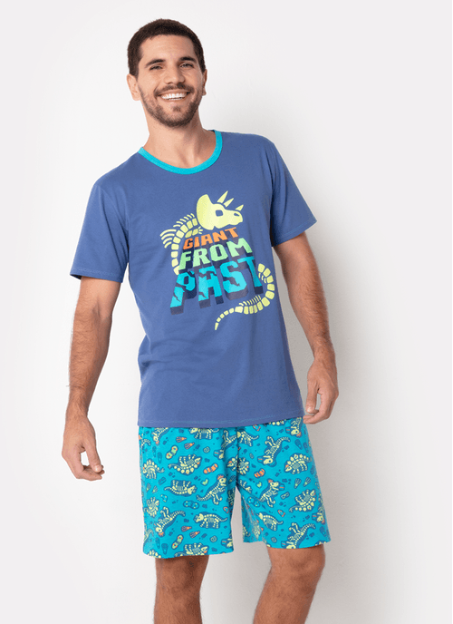 Pijama Manga Curta Masculino Algodão Dinossauro Fósseis