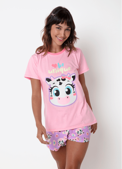 Pijama Manga Curta Algodão Feminino Vaca Patches