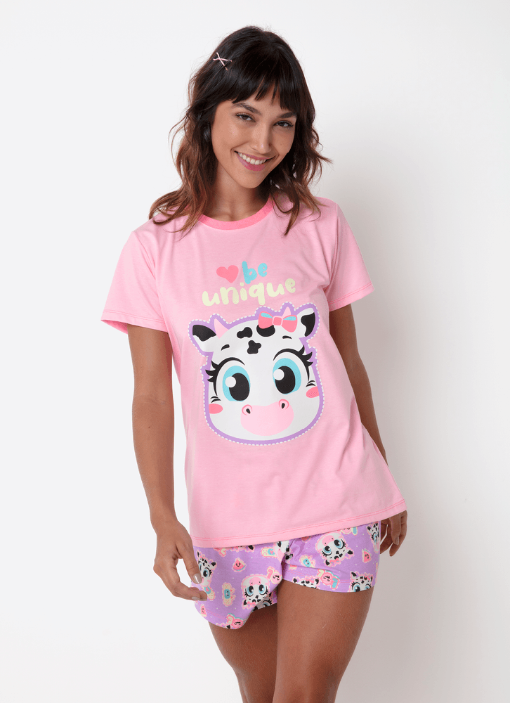 Pijama-Manga-Curta-Algodao-Feminino-Vaca-Patches