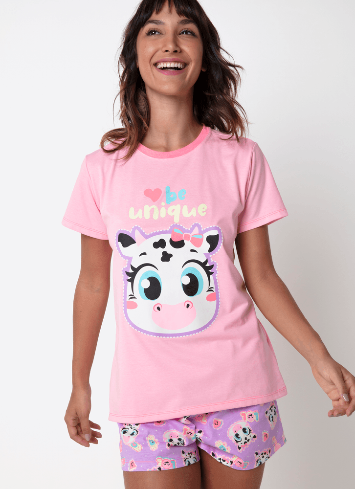 Pijama-Manga-Curta-Algodao-Feminino-Vaca-Patches