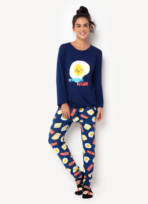 Pijama Manga Longa Feminino Viscolycra Família de Bacon a Vida