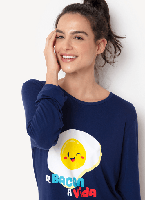 Pijama Manga Longa Feminino Viscolycra Família de Bacon a Vida