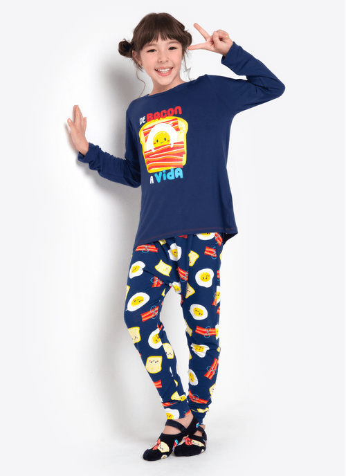 Pijama Manga Longa Menina Viscolycra Família de Bacon a Vida
