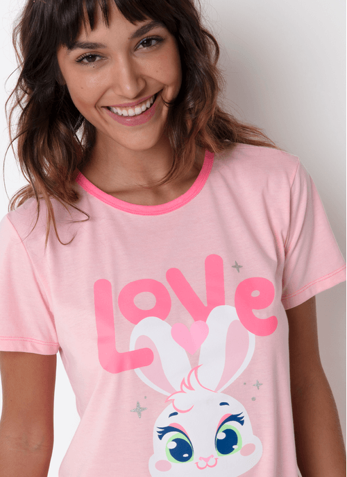 Pijama Manga Curta Algodão Feminino Coelha Romântica