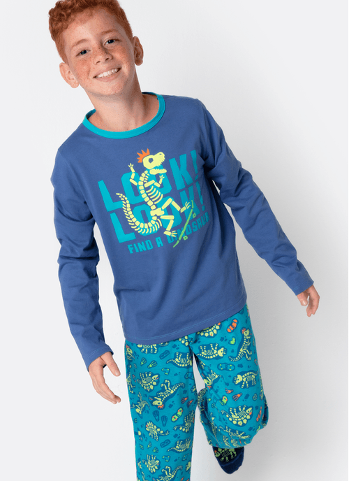 Pijama Manga Longa Menino Teen Algodão Dinossauro Fósseis