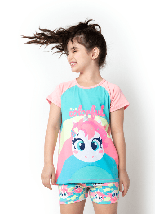 Pijama Manga Curta Menina Viscolycra Unicórnio Colorful Camuflado