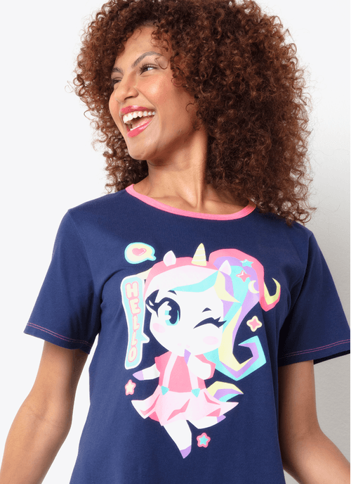 Camisola Manga Curta Algodão Feminino Unicórnio Kawaii