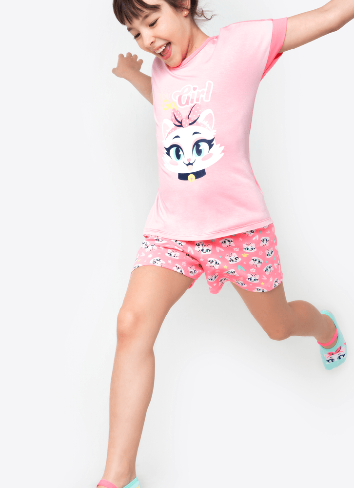 Pijama-Manga-Curta-Menina-Gata-Power