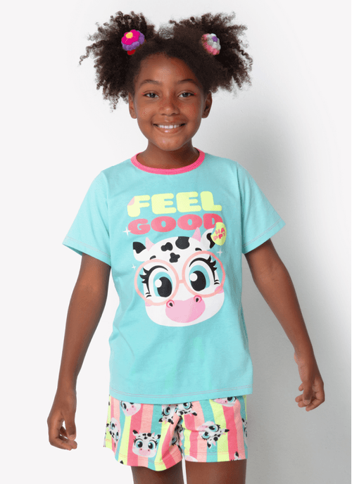 Pijama Manga Curta Algodão Feminino Vaca Colorful