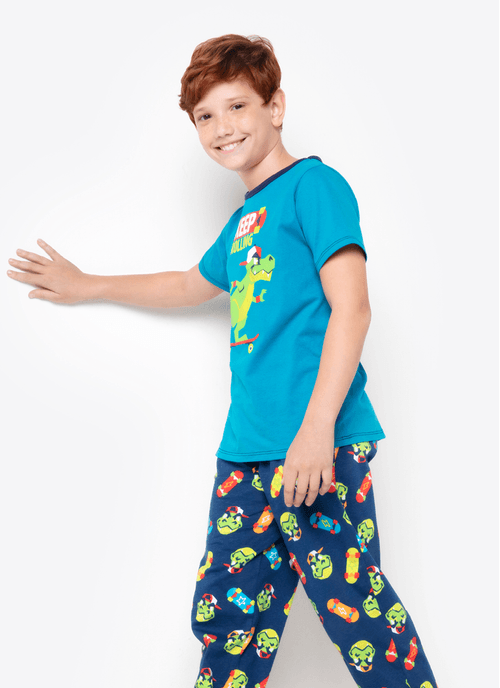 Pijama Longo Manga Curta Menino Algodão Dinossauro Skate