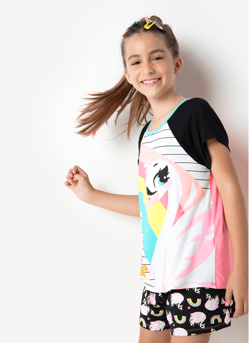 Pijama Manga Curta Viscolycra Menina Cisne Rainbow