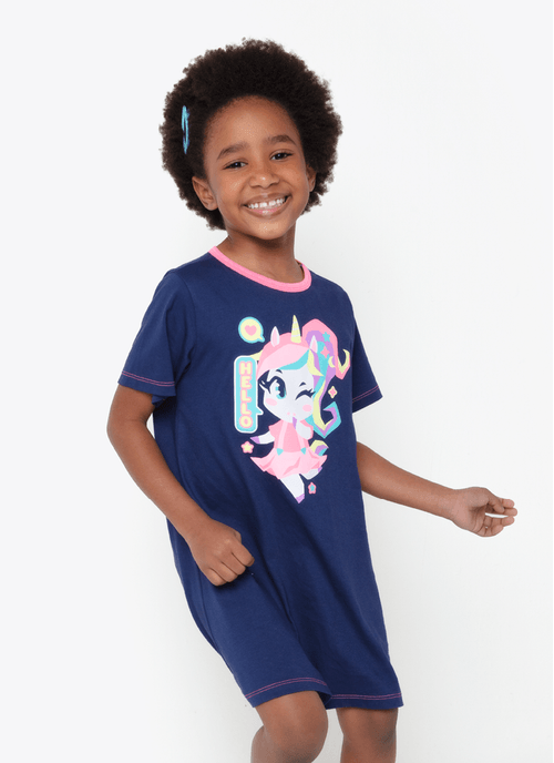 Camisola Manga Curta Algodão Menina Unicórnio Kawaii